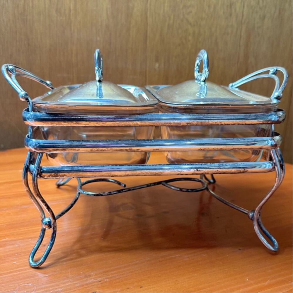 Vintage Silver Plate Double Chaffing Dish with 2 Pyrex Serving Dishes -